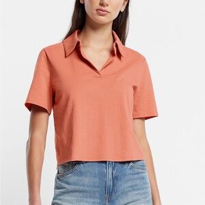 Express Skimming V-Neck Short Sleeve Polo Top in Apricot Orange Size XL